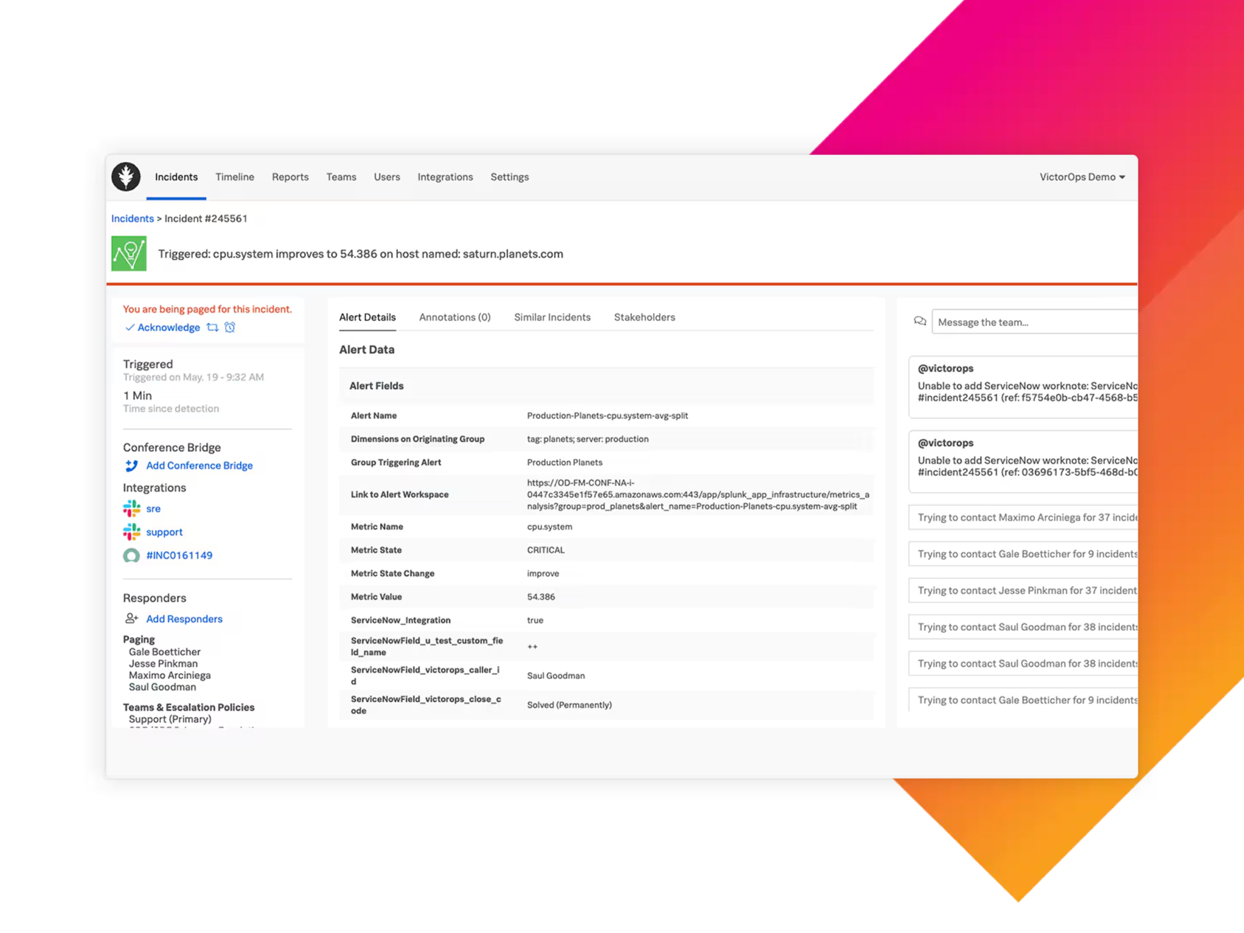 Splunk On-Call (ex-VictorOps) is a DevOps-oriented incident management platform that centralizes alerting, escalation, and collaboration for IT and engineering teams.